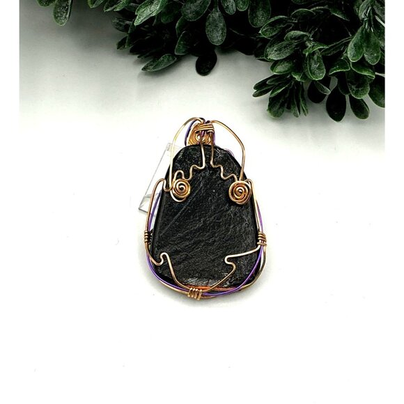 Handcrafted Iridescent Wire Wrapped Pendant With Purple & Gold Accents - Picture 3 of 4